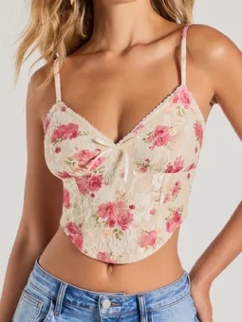 Windsor Cream Floral Lace-Trim Cropped Cami with Pink Roses